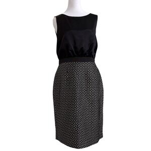 ADRIANNA PAPELL Black Sleeveless Cocktail Dress, Size 12 Satin Top Printed Skirt
